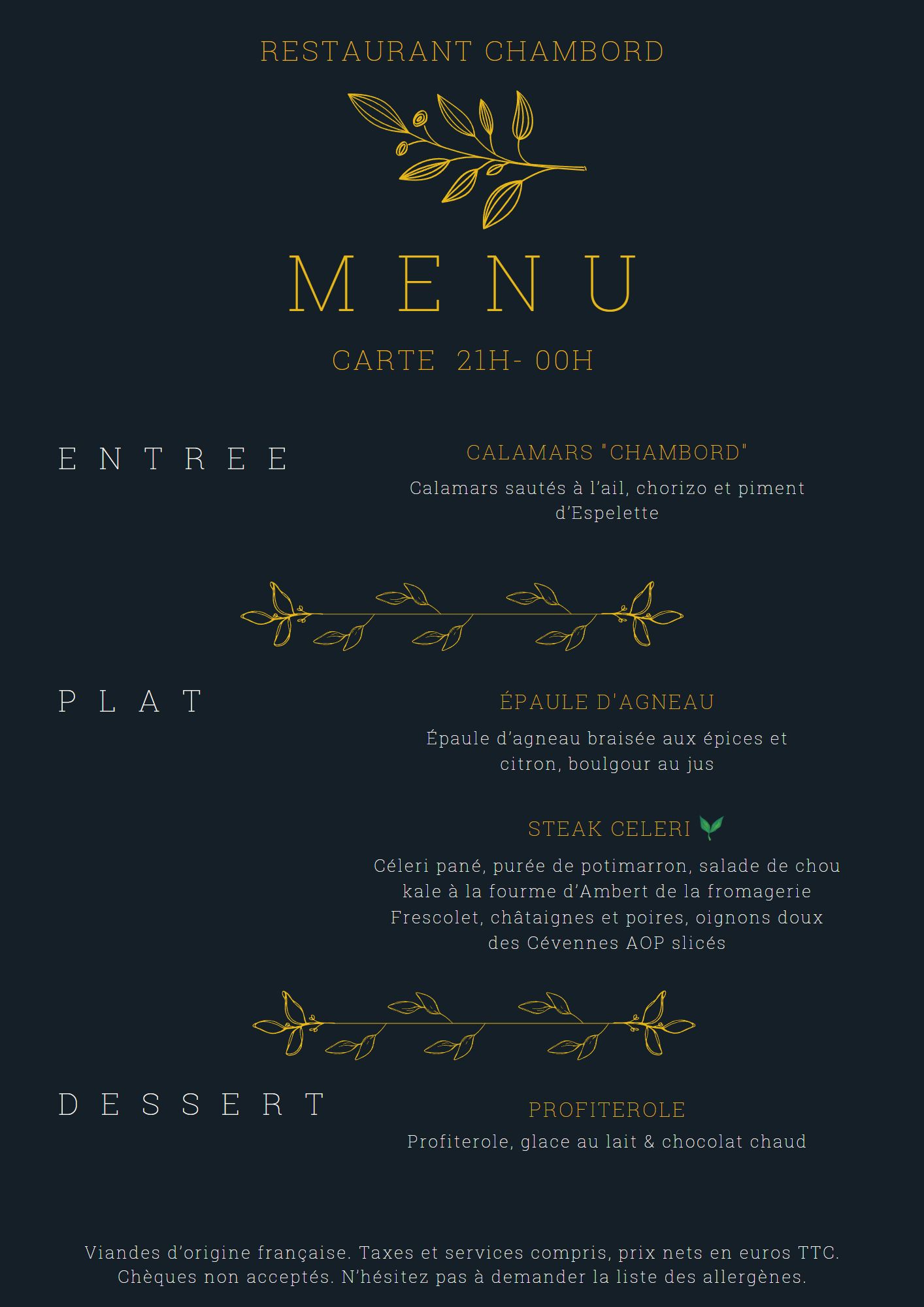 menu restaurant de soir